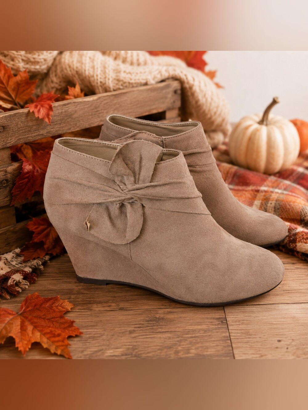 CL by Laundry Taupe Suede Wedge Ankle Booties with Bow Accent Size 11
